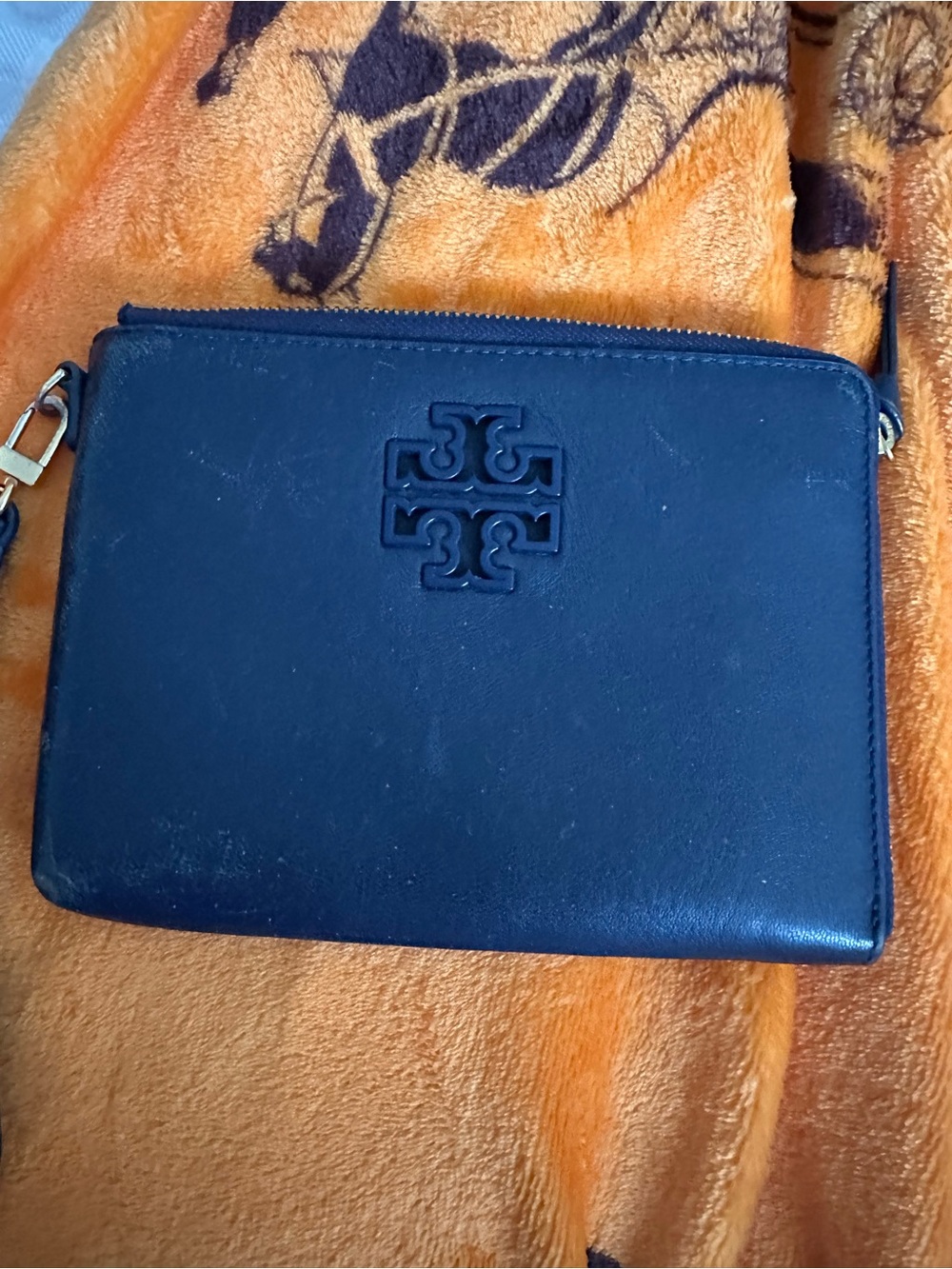 Tory Burch Navy Leather Logo Wristlet